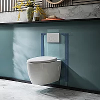 Milano Altham White Modern Rimless Wall Hung Toilet with Short Wall Frame Round White Flush Plate