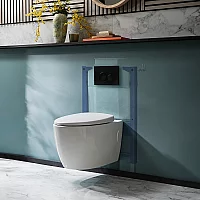 Milano Altham White Modern Rimless Wall Hung Toilet with Short Wall Frame Round Black Flush Plate