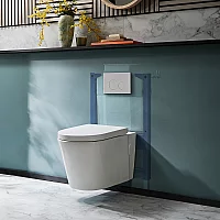 Milano Ballam White Modern Rimless Wall Hung Toilet with Short Wall Frame Round White Flush Plate