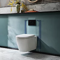 Milano Ballam White Modern Rimless Wall Hung Toilet with Short Wall Frame Round Black Flush Plate