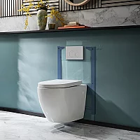 Milano Irwell White Modern Rimless Wall Hung Toilet with Short Wall Frame Round White Flush Plate