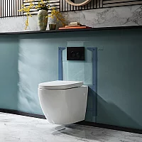 Milano Irwell White Modern Rimless Wall Hung Toilet with Short Wall Frame Round Black Flush Plate