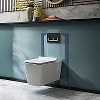 Milano Elswick White Modern Wall Hung Toilet with Short Wall Frame Rectangular Black Flush Plate