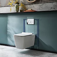 Milano Elswick White Modern Wall Hung Toilet with Short Wall Frame Round Chrome Flush Plate
