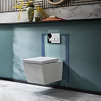 Milano Dalton White Modern Wall Hung Toilet with Short Wall Frame Rectangular Chrome Flush Plate