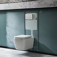 Milano Longton White Modern Wall Hung Toilet with Tall Wall Frame Rectangular White Flush Plate