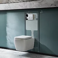 Milano Longton White Modern Wall Hung Toilet with Tall Wall Frame Rectangular Chrome Flush Plate