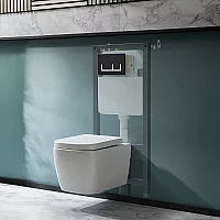 Milano Longton White Modern Wall Hung Toilet with Tall Wall Frame Rectangular Black Flush Plate
