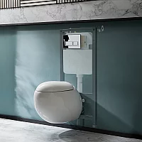 Milano Mellor White Modern Round Wall Hung Toilet with Tall Wall Frame Rectangular Chrome Flush Plate