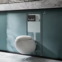 Milano Mellor White Modern Round Wall Hung Toilet with Tall Wall Frame Rectangular Black Flush Plate
