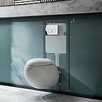 Milano Mellor White Modern Round Wall Hung Toilet with Tall Wall Frame Round Chrome Flush Plate