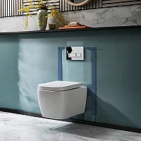Milano Longton White Modern Wall Hung Toilet with Short Wall Frame Rectangular Chrome Flush Plate