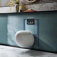 Milano Mellor White Modern Wall Hung Toilet with Short Wall Frame Rectangular Black Flush Plate