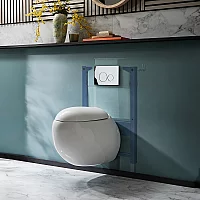 Milano Mellor White Modern Wall Hung Toilet with Short Wall Frame Round Chrome Flush Plate