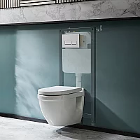Milano Newby Wall Hung Toilet with Tall Wall Frame Rectangular White Flush Plate