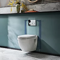 Milano Newby White Modern Wall Hung Toilet with Short Wall Frame Rectangular Chrome Flush Plate