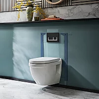 Milano Newby White Modern Wall Hung Toilet with Short Wall Frame Rectangular Black Flush Plate