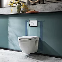 Milano Newby White Modern Wall Hung Toilet with Short Wall Frame Round Chrome Flush Plate