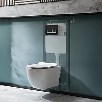 Milano Overton White Modern Rimless Wall Hung Toilet with Tall Wall Frame Rectangular Black Flush Plate