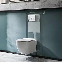 Milano Overton White Modern Rimless Wall Hung Toilet with Tall Wall Frame Round Chrome Flush Plate