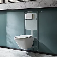 Milano Farington White Modern Rimless Wall Hung Toilet with Tall Wall Frame Rectangular White Flush Plate