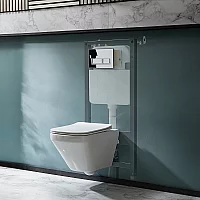 Milano Farington White Modern Rimless Wall Hung Toilet with Tall Wall Frame Rectangular Chrome Flush Plate