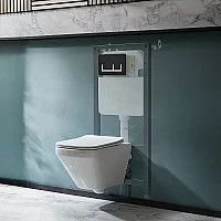 Milano Farington White Modern Rimless Wall Hung Toilet with Tall Wall Frame Rectangular Black Flush Plate
