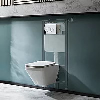 Milano Farington White Modern Rimless Wall Hung Toilet with Tall Wall Frame Round Chrome Flush Plate