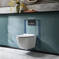 Milano Overton White Modern Rimless Wall Hung Toilet with Short Wall Frame Rectangular Black Flush Plate