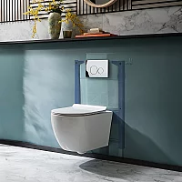 Milano Overton White Modern Rimless Wall Hung Toilet with Short Wall Frame Round Chrome Flush Plate