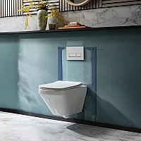 Milano Farington White Modern Rimless Wall Hung Toilet with Short Wall Frame Rectangular White Flush Plate