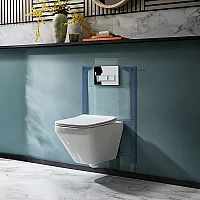 Milano Farington White Modern Rimless Wall Hung Toilet with Short Wall Frame Rectangular Chrome Flush Plate
