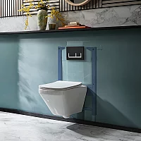 Milano Farington White Modern Rimless Wall Hung Toilet with Short Wall Frame Rectangular Black Flush Plate