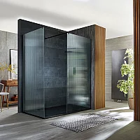 Milano Florence Fluted Glass Black Corner WalkIn Shower Enclosure with 1100mm x 700mm Anthracite Slate Tray
