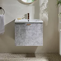 Concrete Grey Modern 600mm Wall Hung Vanity Unit with Brushed Copper Finger Pull Handle
