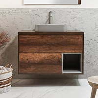 1000mm Dark Oak Wall Hung Vanity Unit with Rectangular Pebble Countertop Basin No LED Milano Bexley