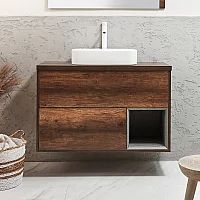 1000mm Dark Oak Wall Hung Vanity Unit with Rectangular Chalk Countertop Basin No LED Milano Bexley