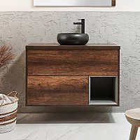 1000mm Dark Oak Wall Hung Vanity Unit with Round Graphite Countertop Basin No LED Milano Bexley