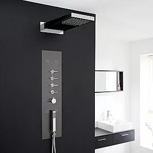 Milano Océanie Modern Concealed Thermostatic Shower Tower Panel with Waterfall Shower Head Hand Shower and Body Jets Gun Metal Grey
