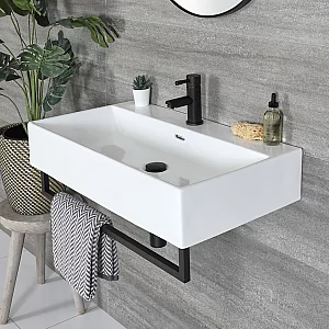 Milano Elswick White Modern 750mm x 420mm Rectangular Wall Hung Basin with Black Towel Rail