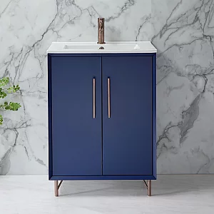 Milano Edge Navy Blue 610mm Modern Vanity Unit with Basin and Aged Bronze TBar Handles