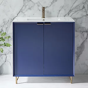 Milano Edge Navy Blue 810mm Modern Vanity Unit with Basin and Aged Gold Finger Pull Handles