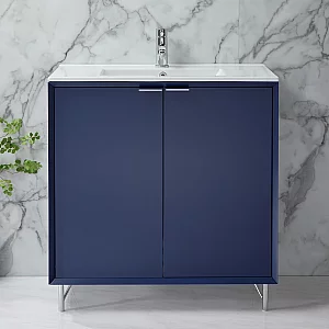 Milano Edge Navy Blue 810mm Modern Vanity Unit with Basin and Chrome Finger Pull Handles