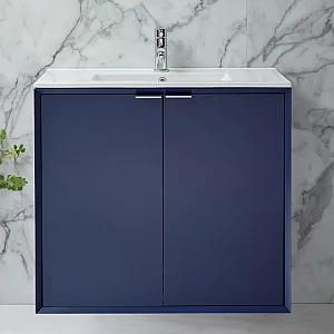 Milano Edge Navy Blue 810mm Wall Hung Modern Vanity Unit with Basin and Chrome Finger Pull Handles