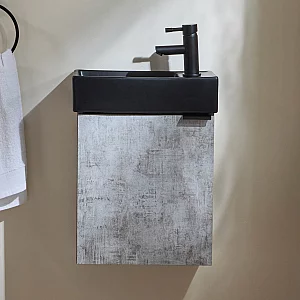 Milano Lurus Concrete Grey 400mm Wall Hung Modern Cloakroom Vanity Unit with Black Basin and Black Finger Pull Handle