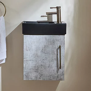 Milano Lurus Concrete Grey 400mm Wall Hung Modern Cloakroom Vanity Unit with Black Basin and Aged Gold TBar Handle