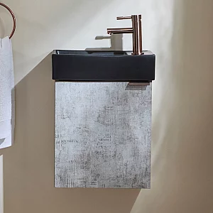 Milano Lurus Concrete Grey 400mm Wall Hung Modern Cloakroom Vanity Unit with Black Basin and Aged Bronze Finger Pull Handle