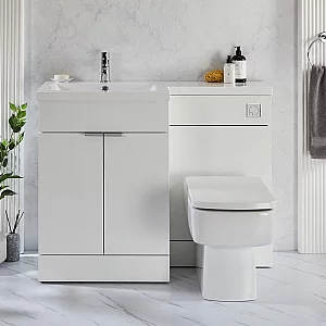 Milano Lurus White 1105mm Modern LeftHand Vanity and WC Combination Unit with Elswick Toilet Chrome Finger Pull Handles