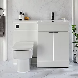 Milano Lurus White 1105mm Modern RightHand Vanity and WC Combination Unit with Elswick Toilet Black Finger Pull Handles