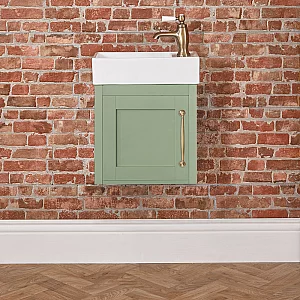 Milano Thornton Pastel Green 400mm Wall Hung Traditional Cloakroom Vanity Unit with Basin and Classic TBar Aged Gold Handle